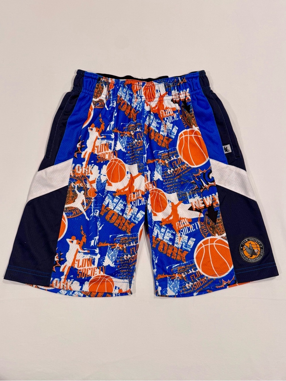 Flow Society NY Hoops Attack Shorts Boys XS Basketball Blue Orange Knicks Champs